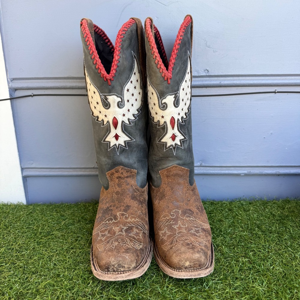 JB Dillon Reserve Womens 8.5 B Western Boots Eagle Inlay Brown Grey JBR6098 B